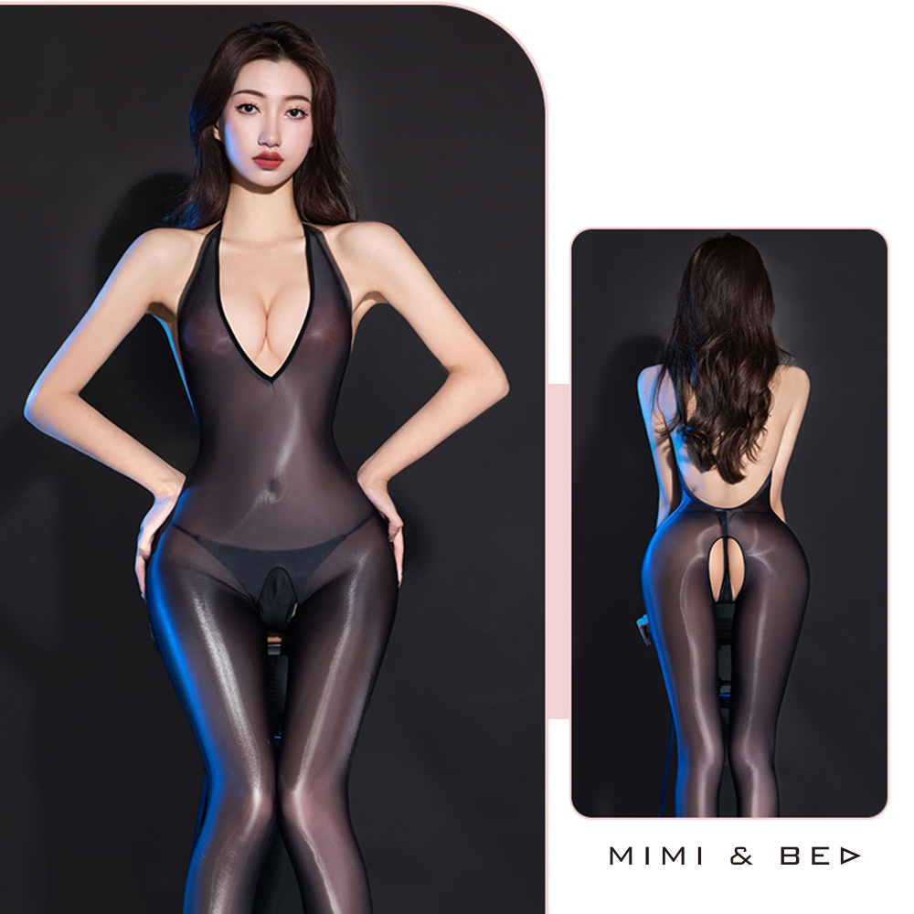 深Ｖ美背曲線絲滑油亮開襠連體衣。3色 MIMIBED (black)