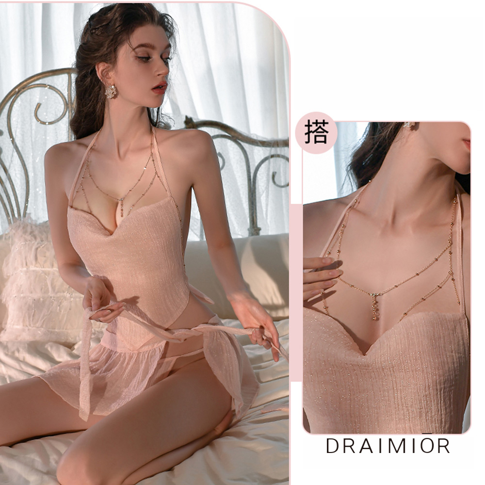 絢麗璀璨。閃鑽胸鍊柔紗細閃繫帶肚兜組。3色 DRAIMIOR (粉色)