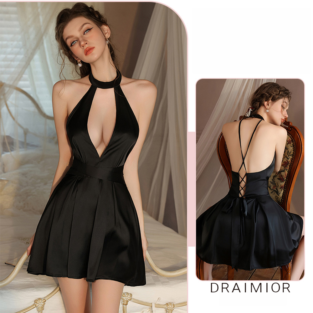 輕奢夢露風。深Ｖ掛脖美背交織絲柔睡裙。2色 DRAIMIOR (black)