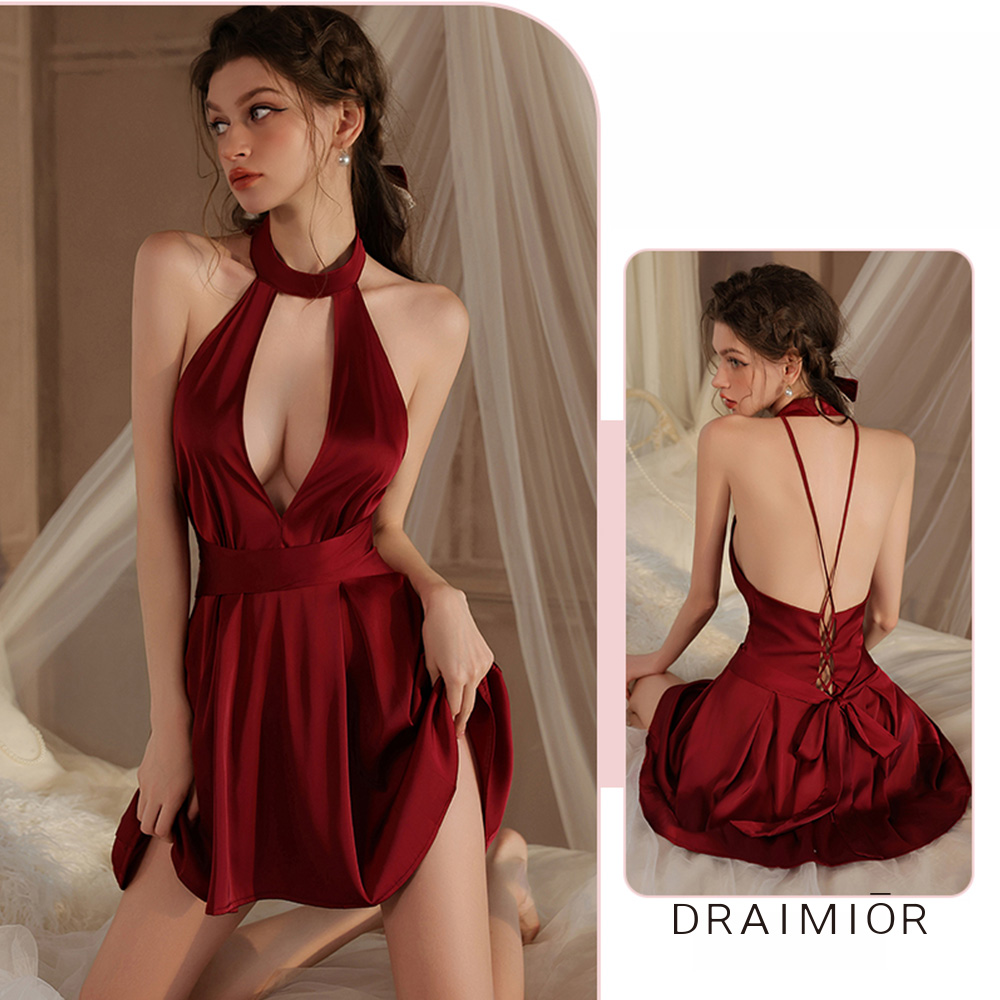 輕奢夢露風。深Ｖ掛脖美背交織絲柔睡裙。2色 DRAIMIOR (紅色)