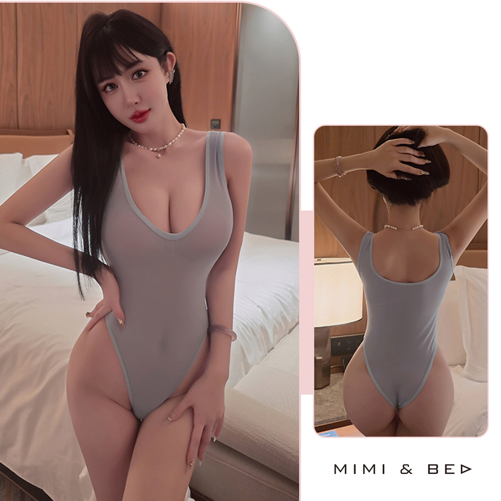 純欲引誘。薄透誘惑連身開襠死庫水。5色 MIMIBED (藍色)