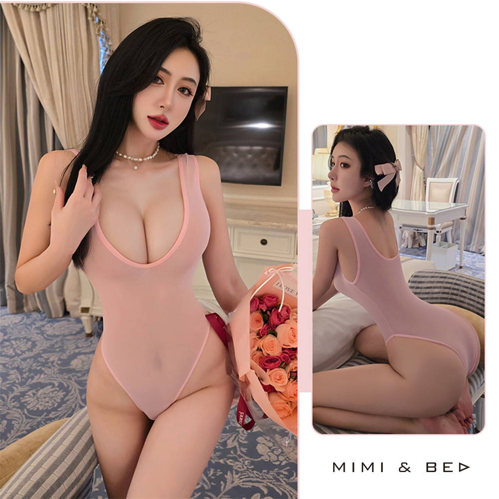 純欲引誘。薄透誘惑連身開襠死庫水。5色 MIMIBED (粉色)