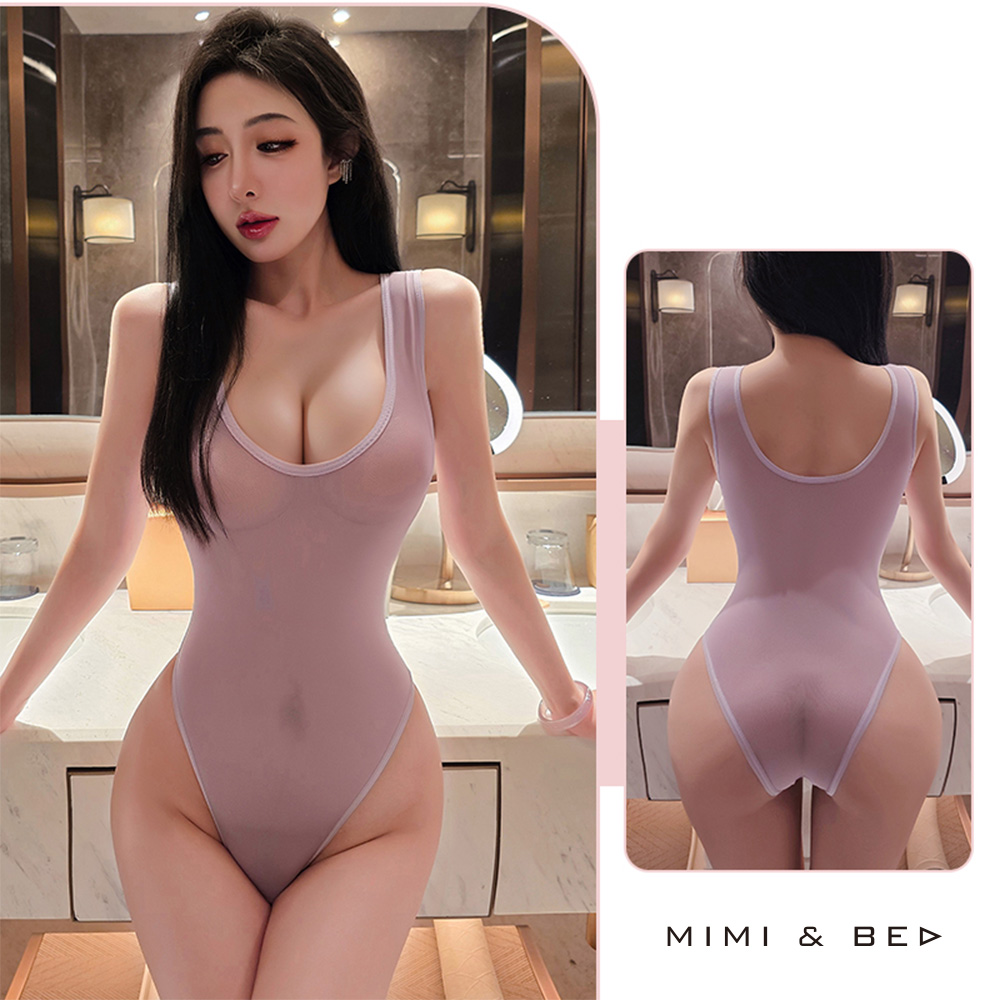 純欲引誘。薄透誘惑連身開襠死庫水。5色 MIMIBED (紫色)