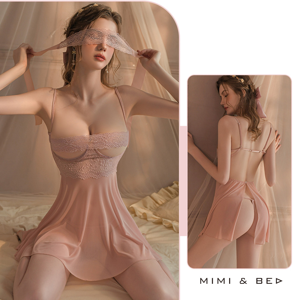 秘戀心機。純情挖空蕾絲美背透紗連身裙。3色 MIMIBED (膚色)