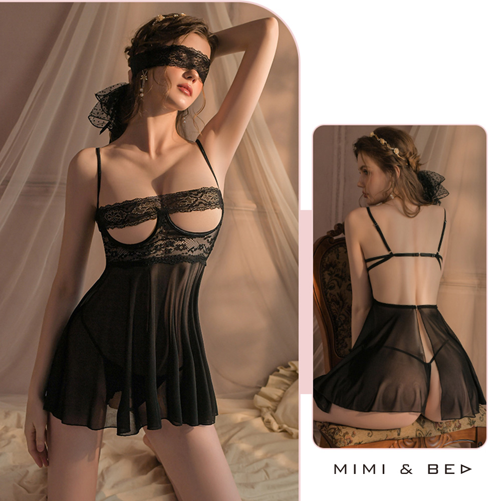 秘戀心機。純情挖空蕾絲美背透紗連身裙。3色 MIMIBED (black)