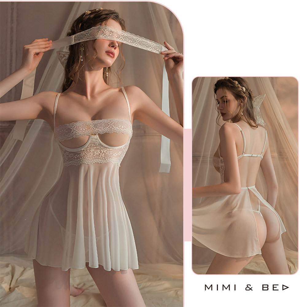 秘戀心機。純情挖空蕾絲美背透紗連身裙。3色 MIMIBED (white)