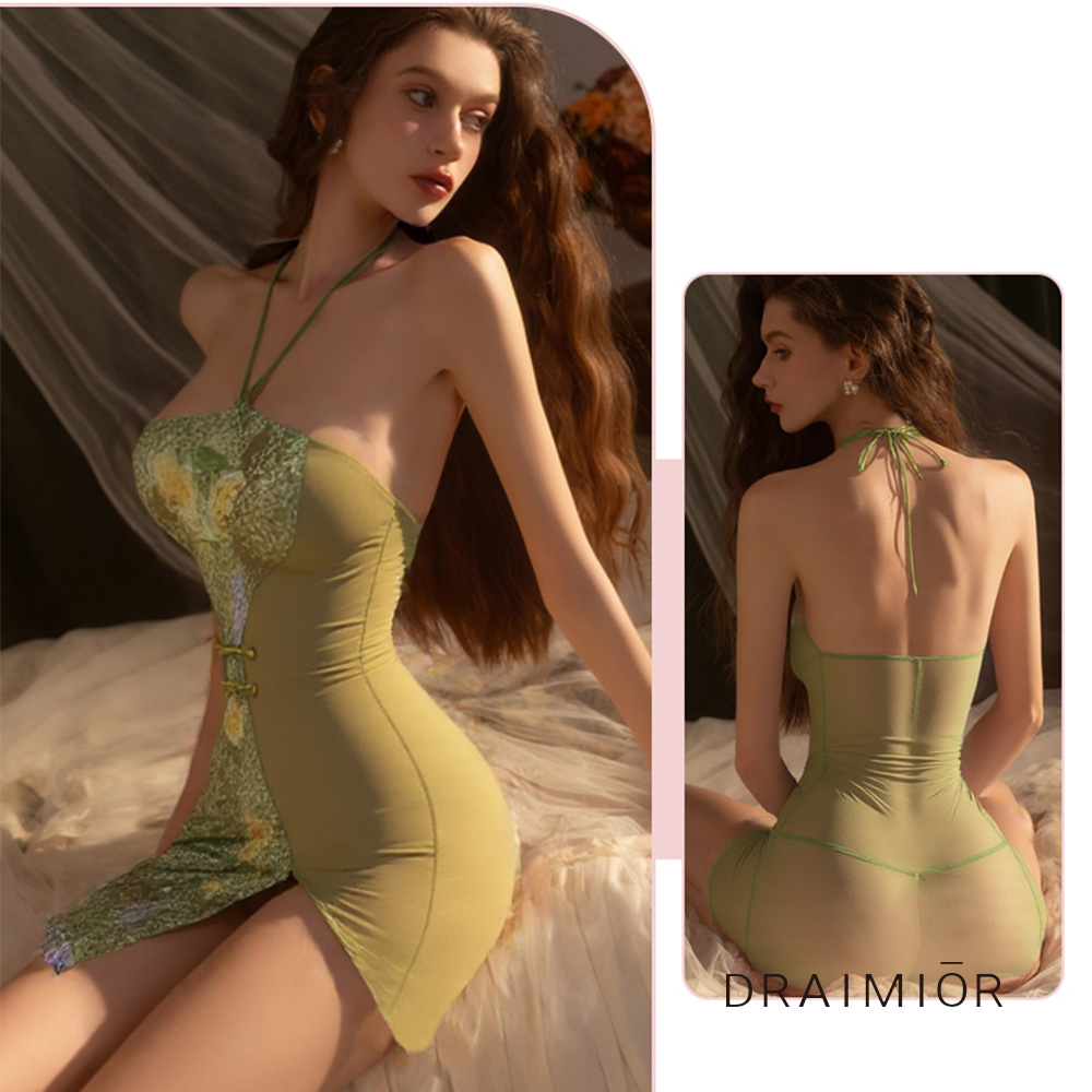 逐玉纏綿。純欲古典旗袍美背透紗連身裙。3色 DRAIMIOR (綠色)