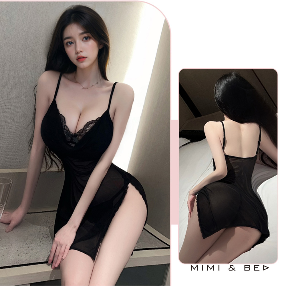 優雅甜心。純情蕾絲透視深Ｖ性感側高衩連身裙。 2色 MIMIBED (black)