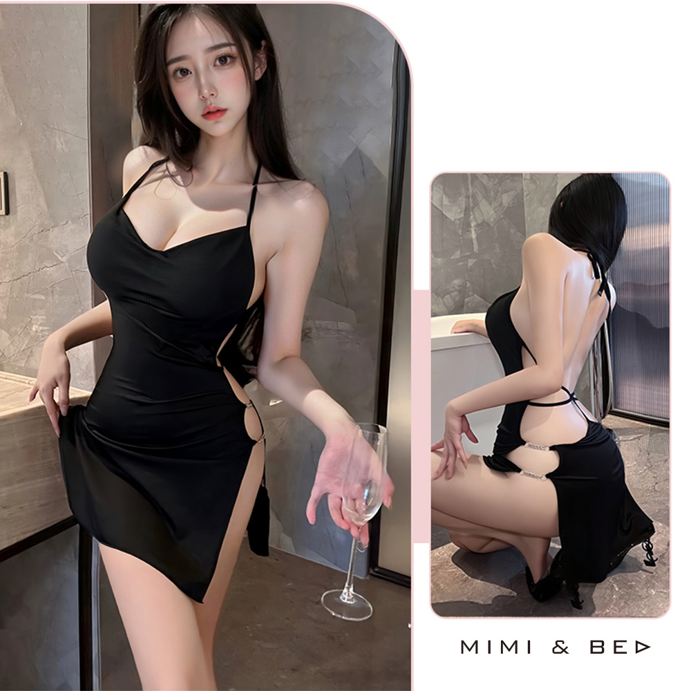 甜心誘惑。夜店風性感深Ｖ掛脖綁帶側開美背連身裙。3色 MIMIBED (black)