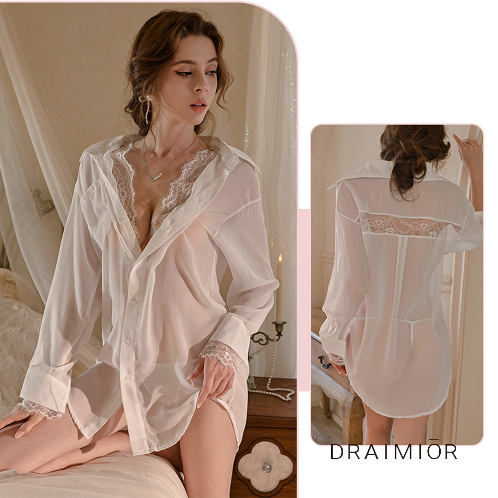 蕾絲柔情。優雅性感男朋友襯衫睡衣。2色 DRAIMIOR (white)