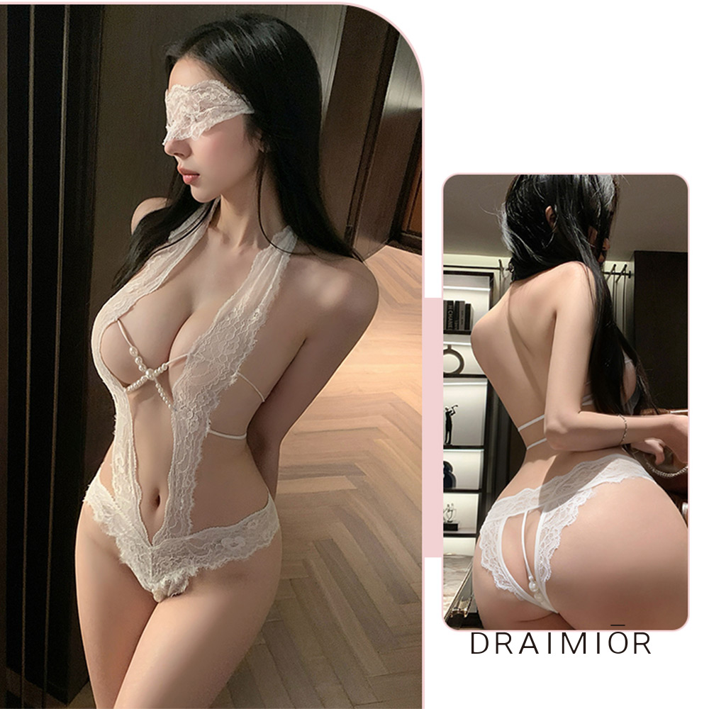 情陷柔珠。性感蕾絲深Ｖ鏤空開襠按摩串珠連身衣。3色 DRAIMIOR (white)