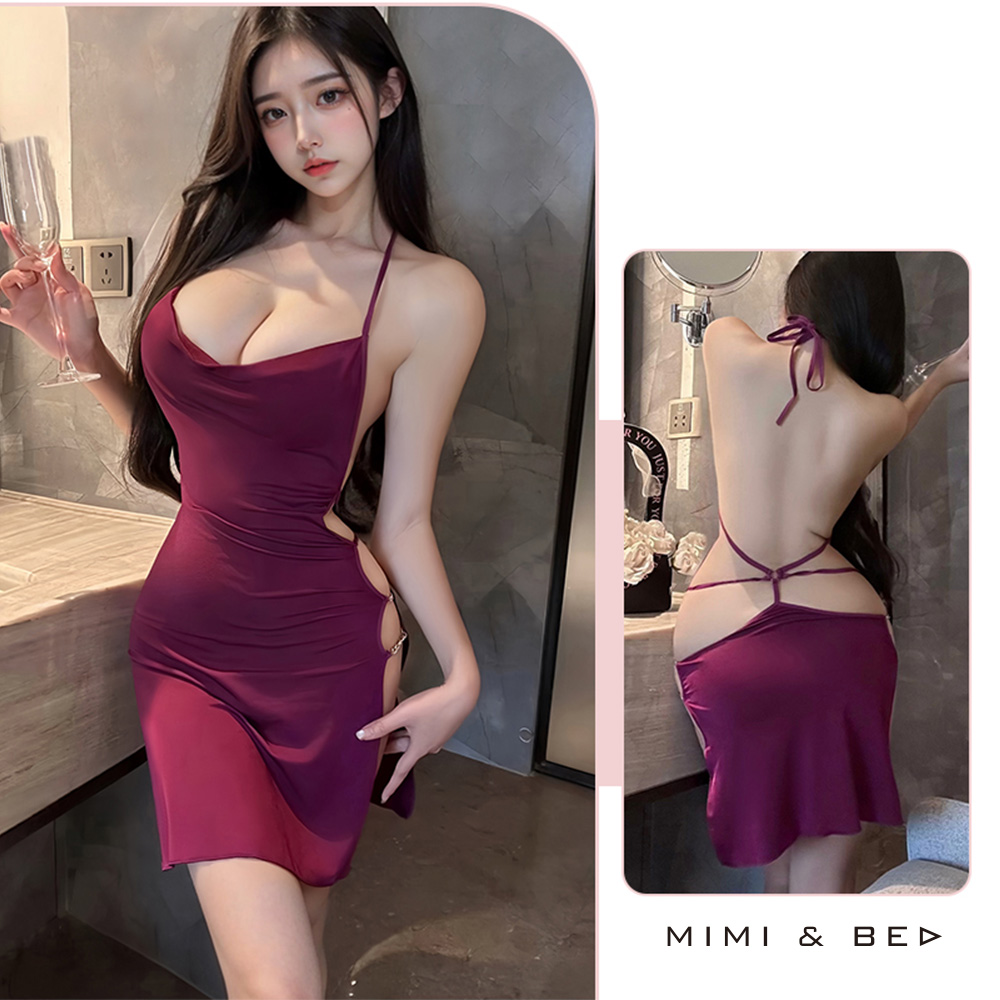 甜心誘惑。夜店風性感深Ｖ掛脖綁帶側開美背連身裙。3色 MIMIBED (紫色)