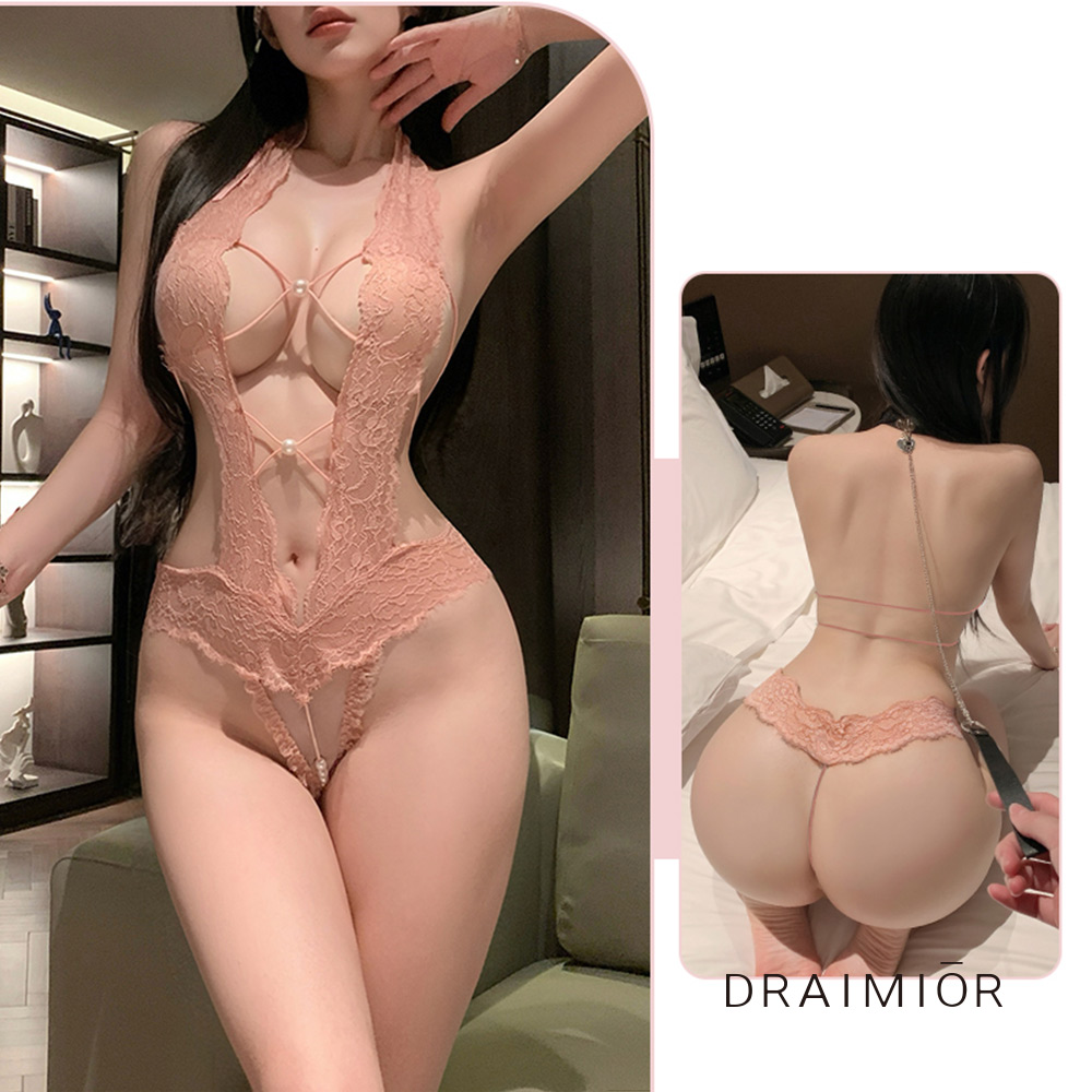 純欲柔珠。性感蕾絲掛脖深Ｖ美背開襠按摩串珠連身衣。3色 DRAIMIOR (膚色)