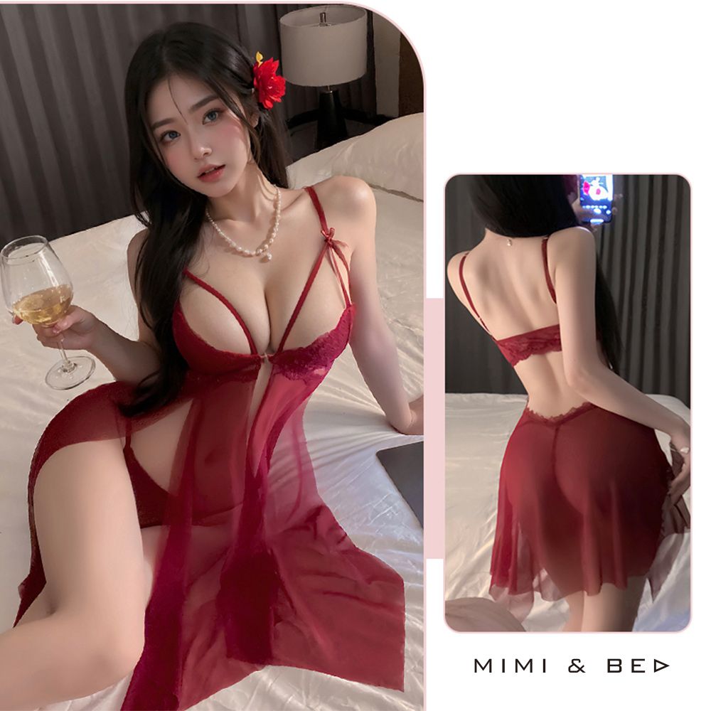 心機誘惑。性感前開深Ｖ透紗高開衩美背連身裙。3色 MIMIBED (紅色)