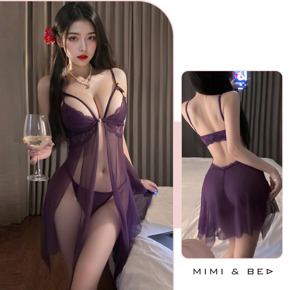 心機誘惑。性感前開深Ｖ透紗高開衩美背連身裙。3色 MIMIBED (紫色)