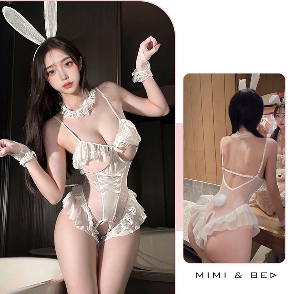 萌兔引誘。性感透視挖空蕾絲兔女郎開襠連身衣。3色 MIMIBED (white)