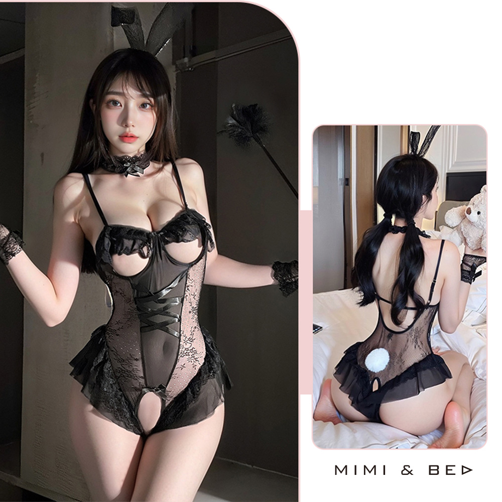 萌兔引誘。性感透視挖空蕾絲兔女郎開襠連身衣。3色 MIMIBED (black)