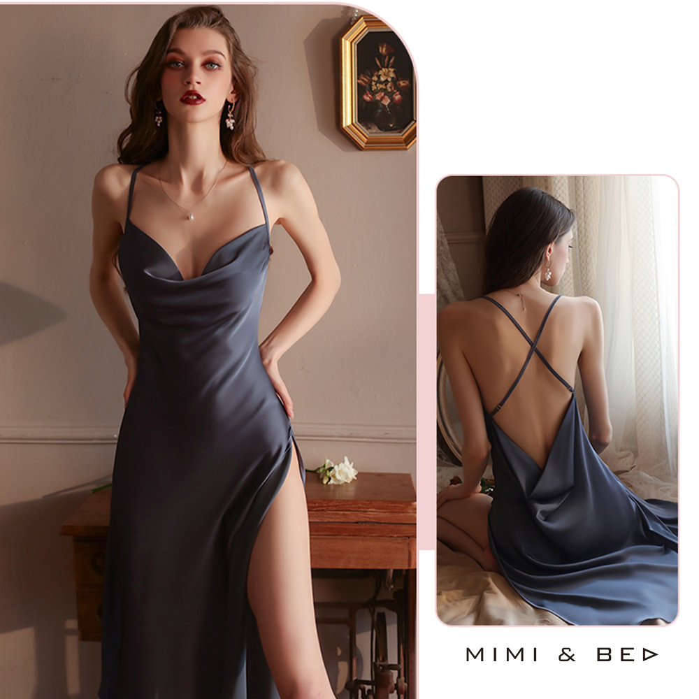 時尚名媛。夜店風性感蕩領側高開杈連身長裙。3色 MIMIBED (grey-ｍ)