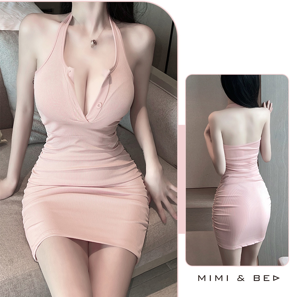 今朝の鄰家小姐姐【第2彈 】微性感掛脖極簡居家休閒吊帶裙。3色 MIMIBED (粉色)