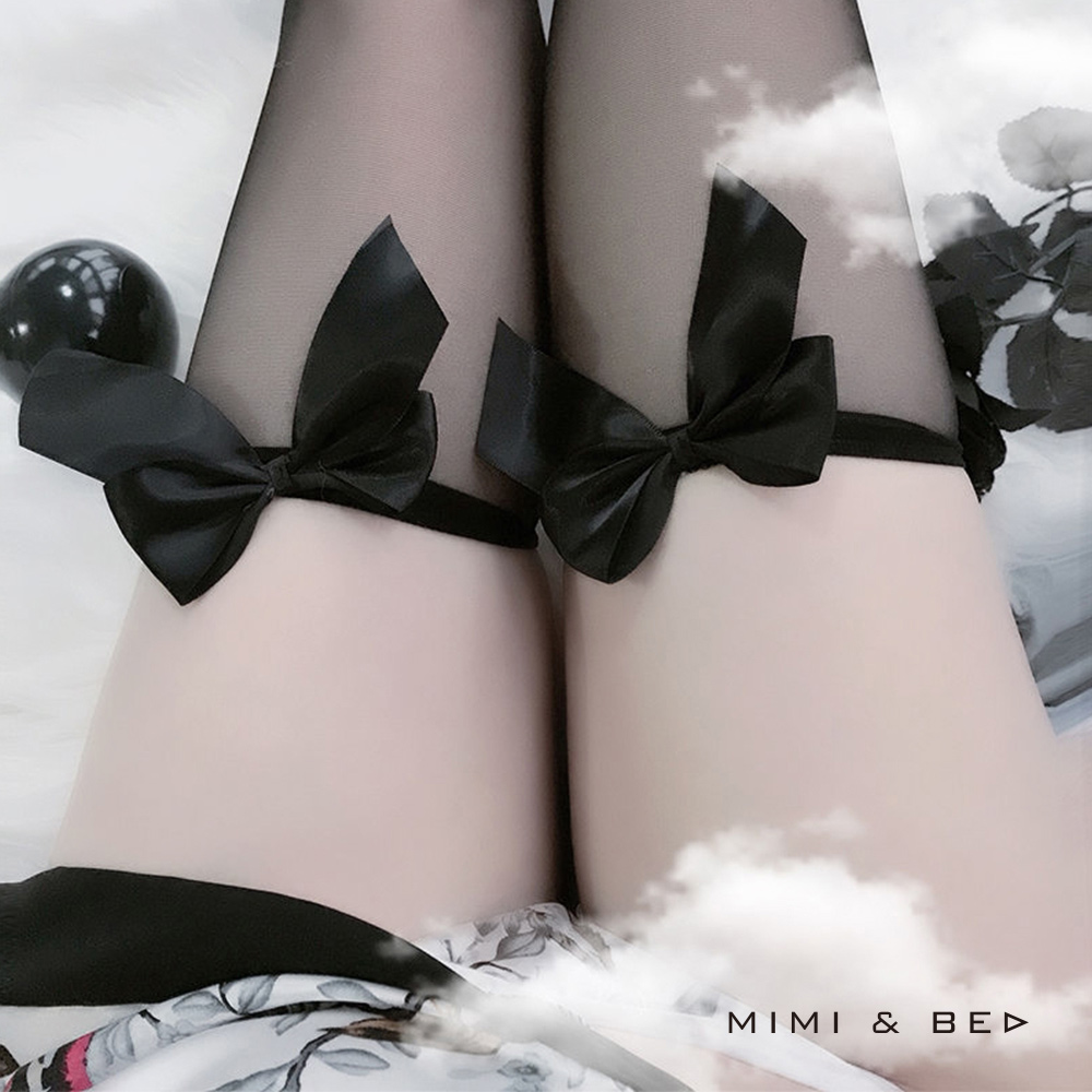 甜蜜緞帶蝴蝶結大腿襪。黑色 MIMIBED