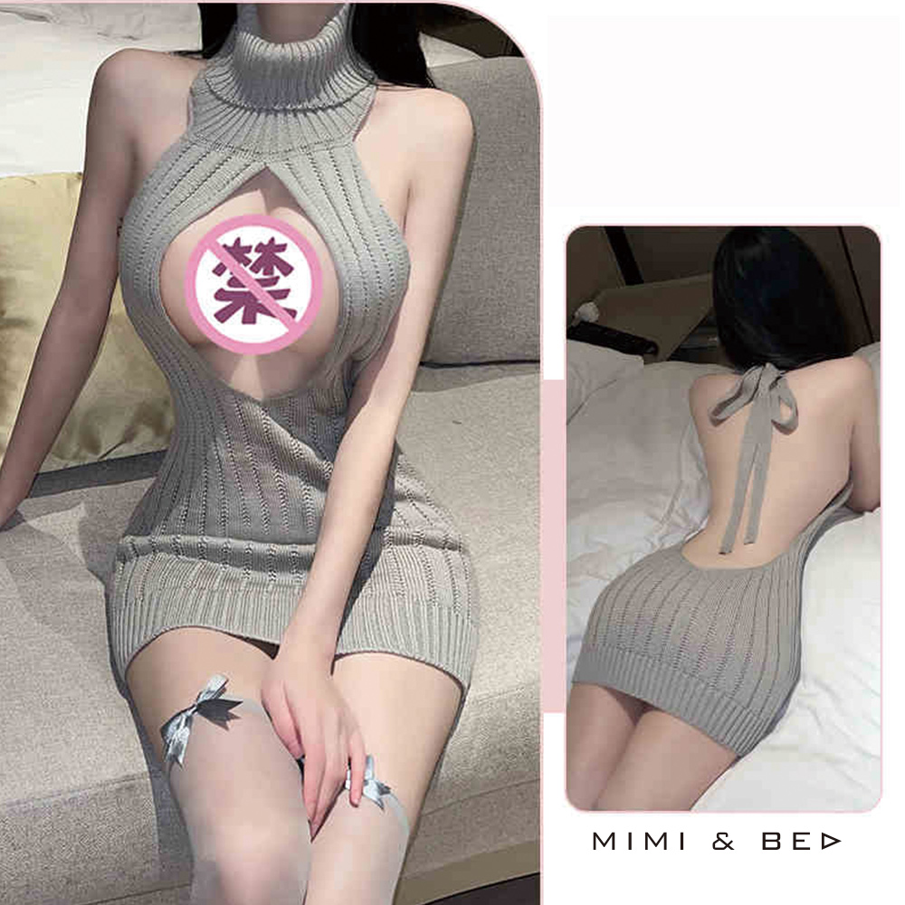 二次元性感挖空美背繫帶毛衣。3色 MIMIBED (grey)