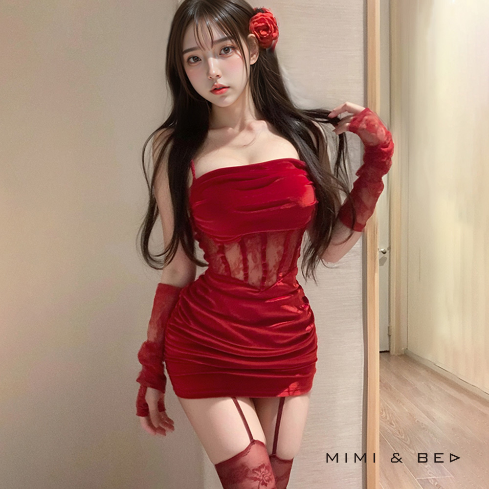 嬌豔御姐。深Ｖ蕾絲透視魚骨束腰包臀絲絨吊帶裙 MIMIBED