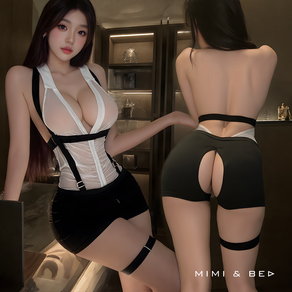 嬌嫩秘戀。薄透深Ｖ誘惑OL小秘書拉鏈開襠連身衣 MIMIBED