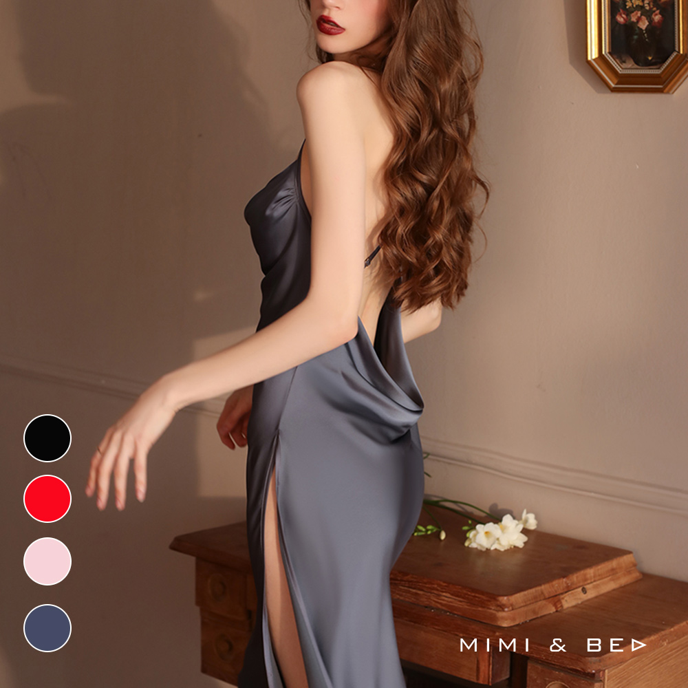 時尚名媛。夜店風性感蕩領側高開杈連身長裙。3色 MIMIBED